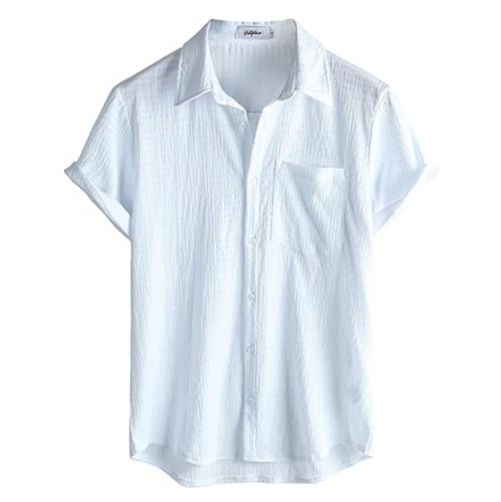 Mens Summer Striped Button Down Short Sleeve Hawaiian Shirt White